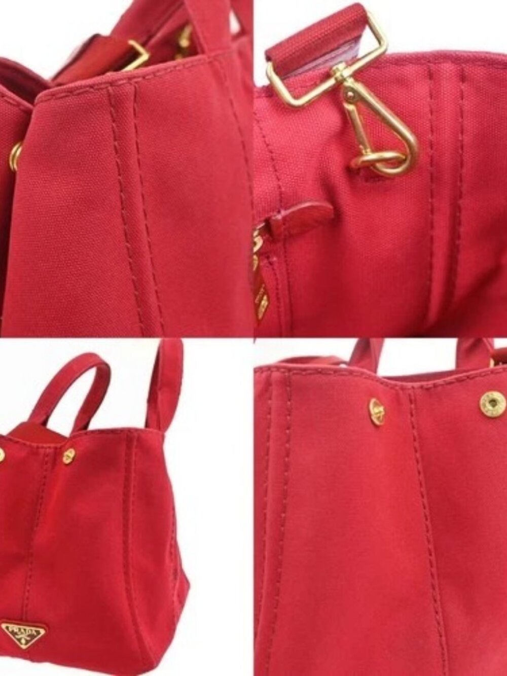 PRADA Logo Canapa 2Way Shoulder Hand Bag Canvas Leather Red GHW 79YH925 - Picture 9 of 16